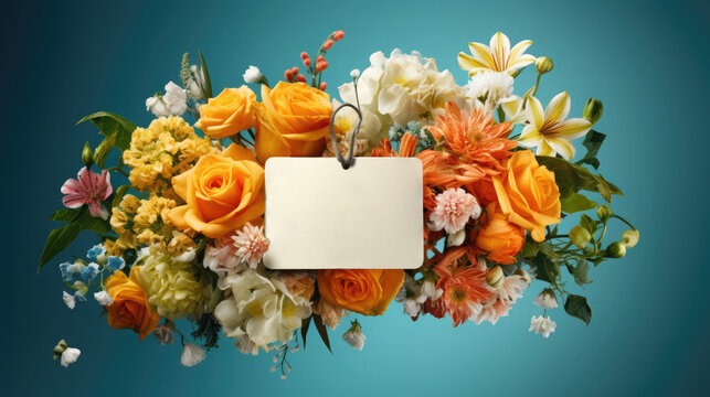 Cardboard tag or label with a large floral arrangement on a green background. Blank space for promotional text or discount.