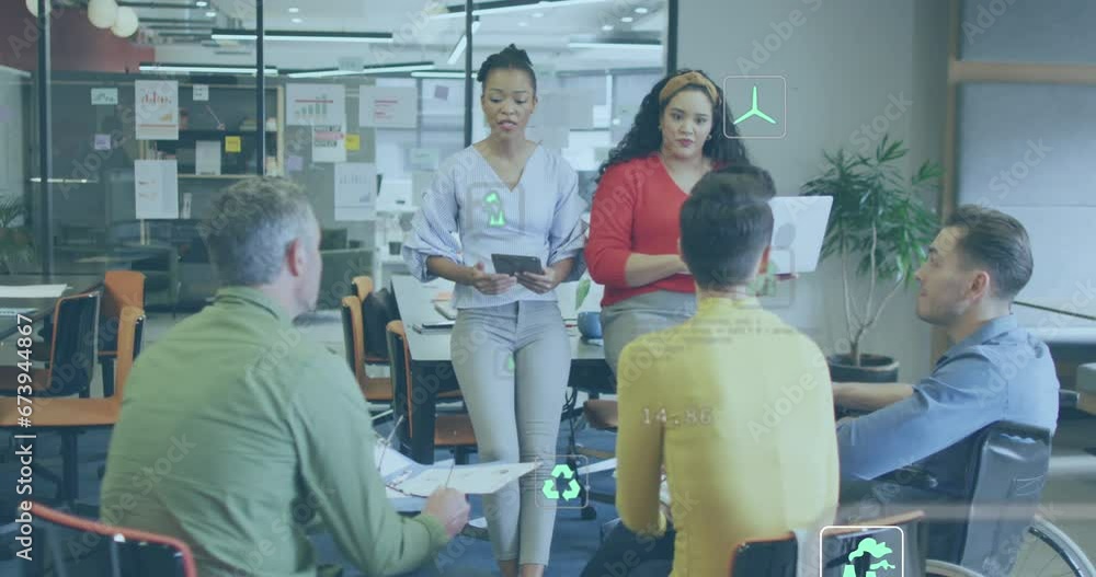 Poster animation of multiple icons and computer language over diverse coworkers sharing ideas in office