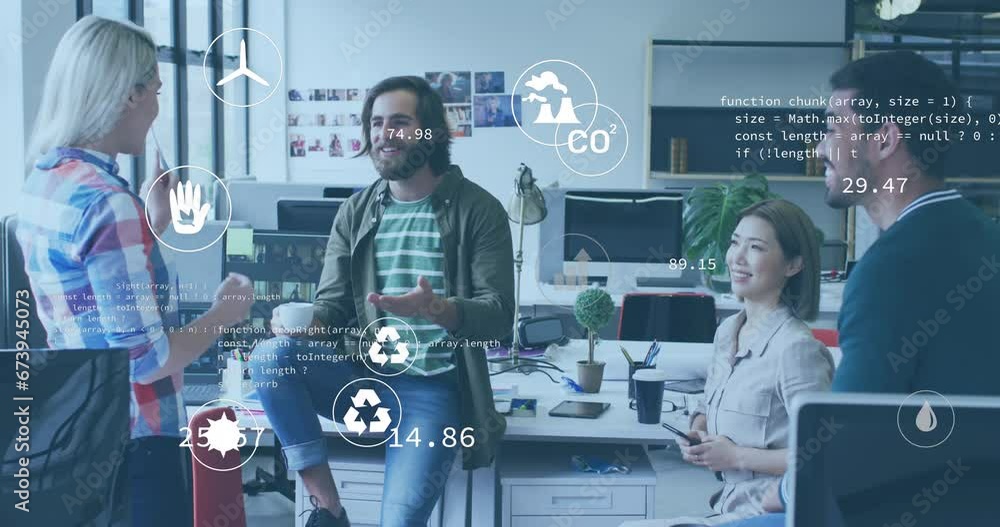 Poster animation of icons and computer language over diverse coworkers discussing during tea break