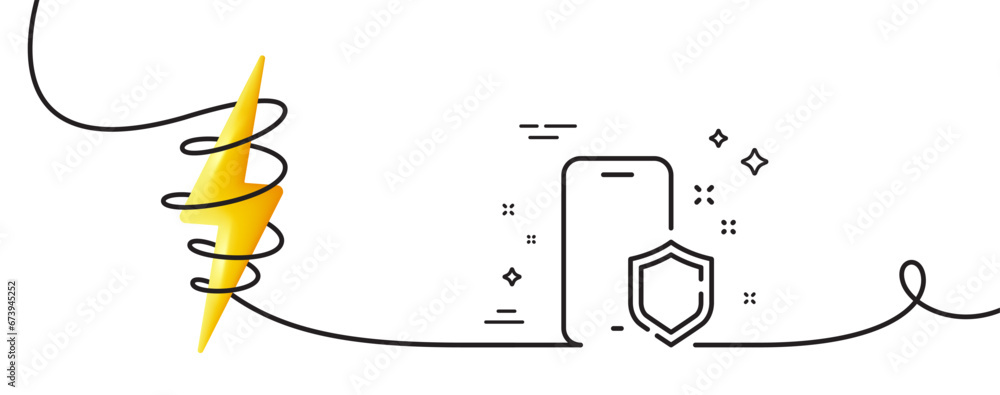Poster phone protect line icon. continuous one line with curl. smartphone shield sign. safe cellphone symbo
