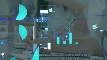 Animation of multiple graphs and trading board over caucasian children writing on notepads - Powered by Adobe
