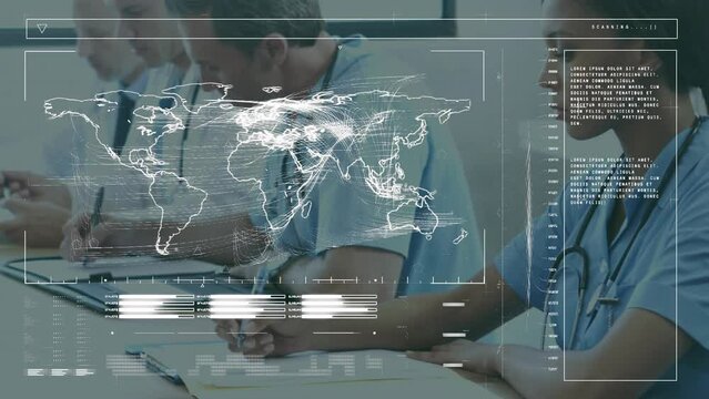 Animation of map and loading bars over diverse doctors writing in notepads