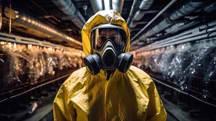 A worker wearing a radiation suit in a nuclear facility - obrazy, fototapety, plakaty