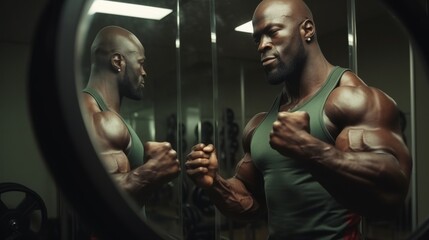 Fototapeta na wymiar Bodybuilder flexing muscles in the mirror