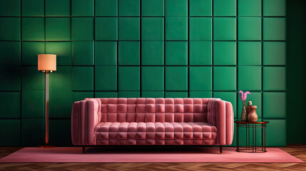 Interior with sofa in green and pink colors. Stylish contrasting colorful room with couch.