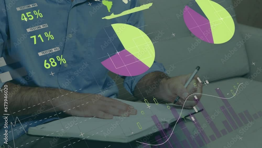 Poster animation of infographic interface over midsection of caucasian man writing in notebook