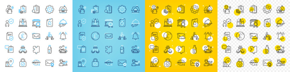 Vector icons set of Time management, Notification bell and Restaurant food line icons pack for web with Puzzle, Insurance policy, Messenger mail outline icon. Security lock, Clipboard. Vector