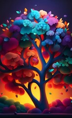 Elegant colorful tree with vibrant leaves hanging branches illustration background. Bright color 3d abstraction wallpaper, Generative AI
