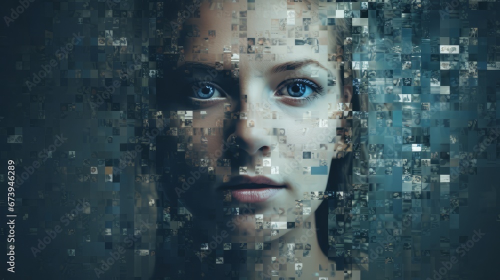 Poster a person's identity fragmented into digital pixels, symbolic of deepfake