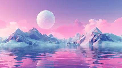 Fotobehang Pink landscape with moon over polygonal mountains. Calm surreal backround. © swillklitch