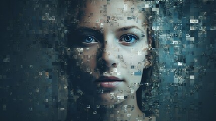 A person's identity fragmented into digital pixels, symbolic of deepfake - obrazy, fototapety, plakaty