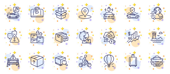 Outline set of Lighthouse, Hand baggage and Cyclist line icons for web app. Include Warning, Vip parcel, Package pictogram icons. Transport insurance, Taxi, Warning road signs. Vector