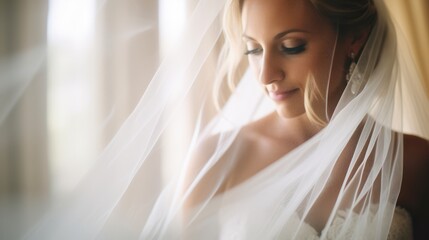 Fototapeta na wymiar Bride's dress and veil in soft focus