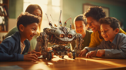 Photo of a group of happy multinational diversity children assemble a robot in a classroom