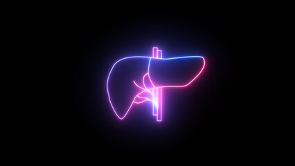 The anatomy of the human liver. Organ anatomy in outline vector artwork in 3D line art style on neon abstract background.