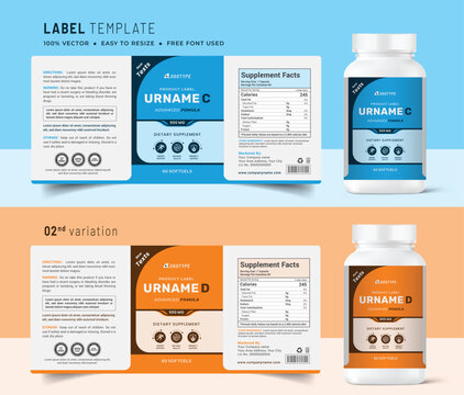 Vitamin label sticker design and natural food supplement banner packaging, bottle jar label, medicine health nutrition tablet product box print template.
