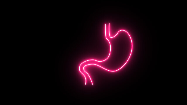 Neon-style medical emblem with a stomach. An example of a medical element.  gastrointestinal symbol in neon against a dark background.