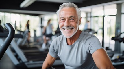 Fototapeta na wymiar Portrait of a joyful senior man staying fit at the gym
