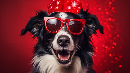 Border Collie dog with red glasses and red glitter background. New year invitation card