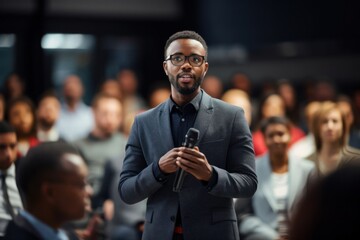 Black Male Business Person Teaching Corporate Forum Generative AI - obrazy, fototapety, plakaty