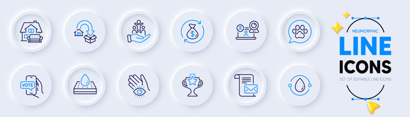 Furniture moving, Video conference and Online voting line icons for web app. Pack of Mail letter, Waterproof mattress, Meditation eye pictogram icons. Pets care, Victory, Change money signs. Vector