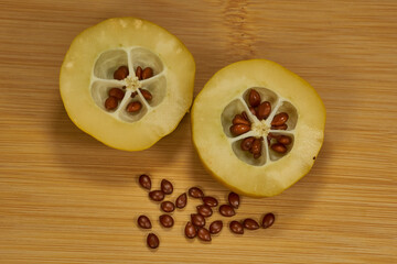 Quince is ripe in the garden. Quince (Latin Cydonia) is a monotypic genus of woody plants of the Rosaceae family. Species Quince is common, or Quince oblong (Latin Cydonia oblonga).