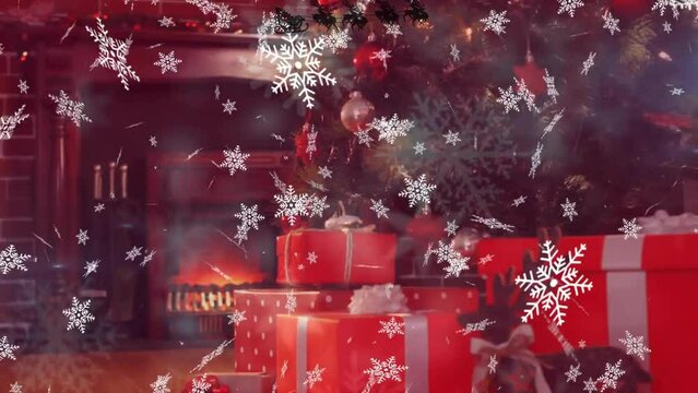 Animation of snowflakes over santa riding sleigh with reindeers over boxes and christmas tree