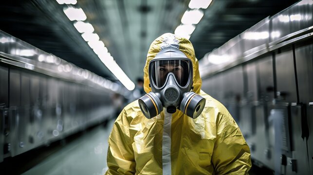 A worker wearing a radiation suit in a nuclear facility