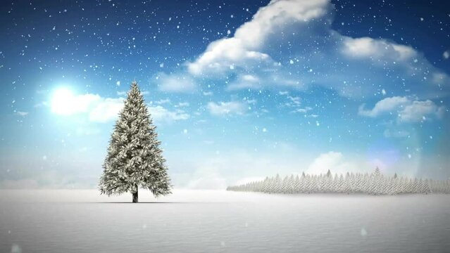 Animation of snowfall over tree on snow covered land against sun in cloudy sky