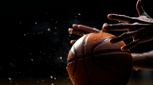 AI generated illustration of a male basketball player holding a ball covered in water droplets