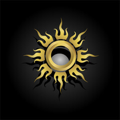 Gold sun luxury logo icon. Abstract golden sunlight isolated on black background. Graphic logo, tarot cards, astrological symbols. Divine, esoteric, sacred, spiritual heavenly sign