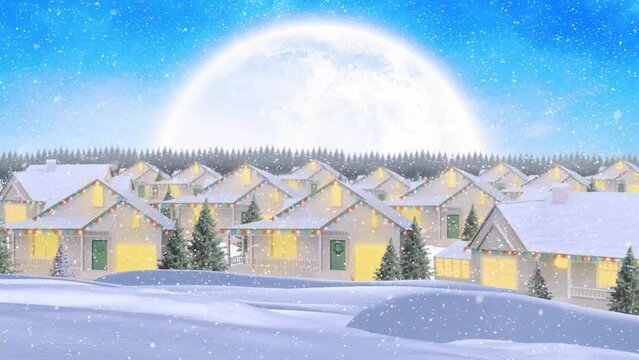 Animation of snowfall on trees and illuminated houses against sun in blue sky