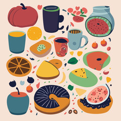 set of food and drinks