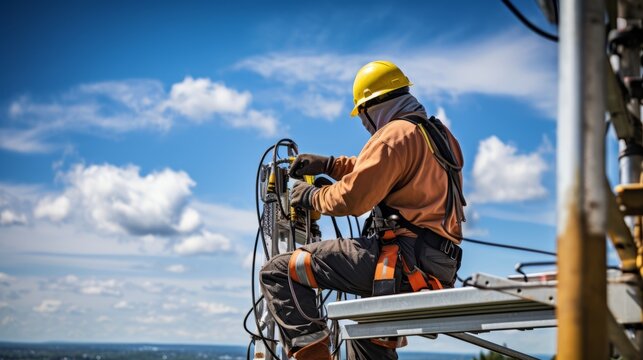 A technician climbing a telecom tower with a toolbox