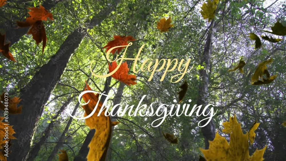 Poster animation of happy thanksgiving text over leaves and low angle view of trees against sky