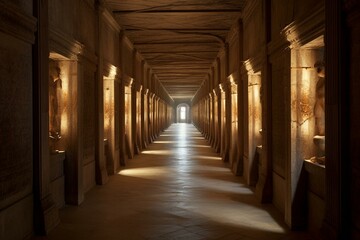Naklejka na ściany i meble Dim hallway in ancient structure lit by handheld lights. Generative AI