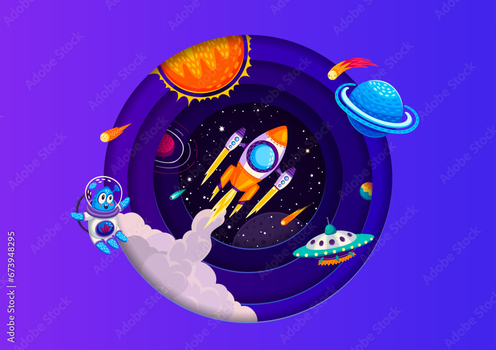 Poster paper cut banner, cartoon space rocket launch, ufo and alien between planets, vector background. gal