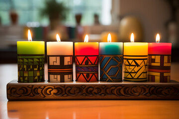 handcrafted wooden stand holding kwanzaa candles - obrazy, fototapety, plakaty