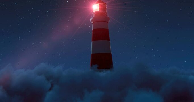 illuminated lighthouse with long light beam over fluffy clouds at starry night