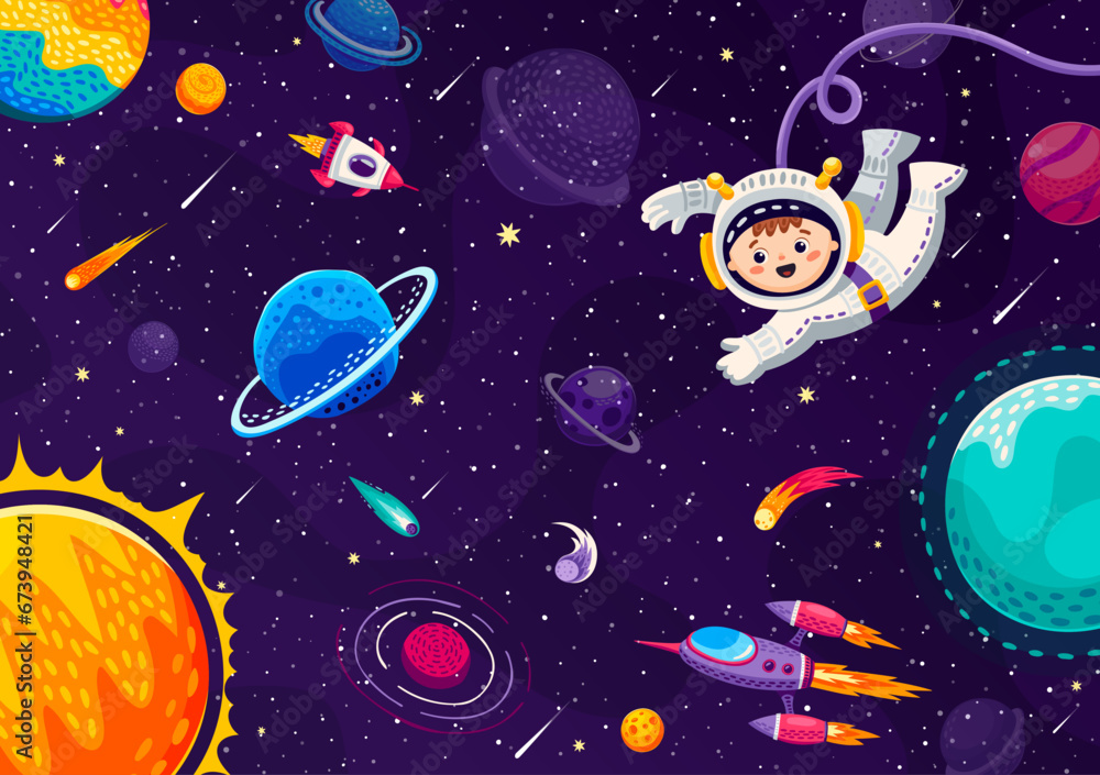 Poster Solar system planets and astronaut in outer space with rocket spaceship in galaxy, cartoon vector background. Kid spaceman exploring space with solar system planets and starships in galaxy sky