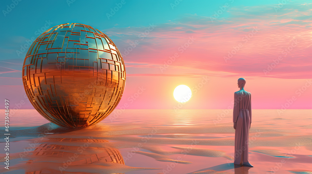 Poster surreal vaporwave scene with golden ball on the landscape with mountains and sea. 90s styled abstrac
