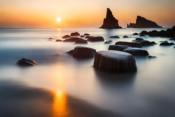 a scene of unparalleled beauty where the rocky shore meets the endless expanse of the sea - AI Generative