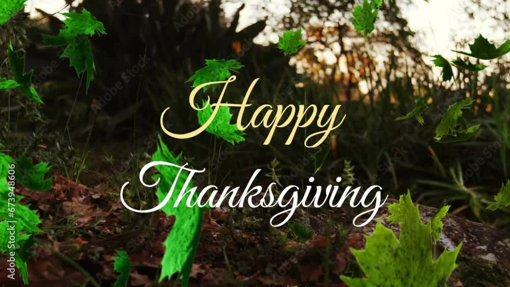 Poster animation of happy thanksgiving text and green leaves over low angle view of tree and grass
