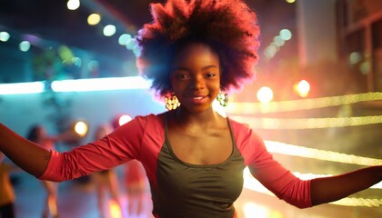 Beauty portrait of a cool, good-looking African American girl dancing moves with Afro hair 