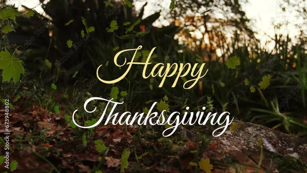 Poster animation of happy thanksgiving text and green leaves over low angle view of tree and grass