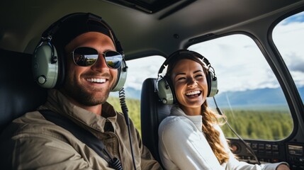 Fototapeta na wymiar A couple taking a scenic helicopter ride