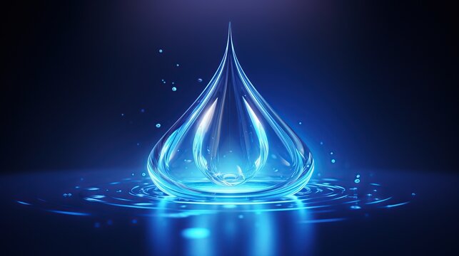 Blue shiny transparent water drop on dark background. AI generated image