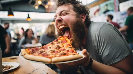Foto op Canvas A person indulging in the sensation of biting into a savory pizza slice © Cloudyew