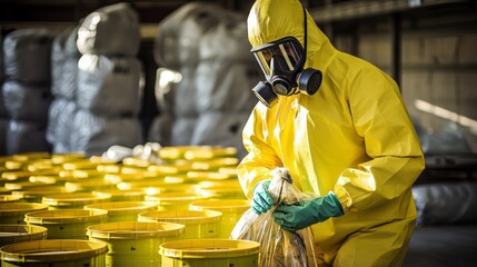 A worker handling radioactive materials with protective gear