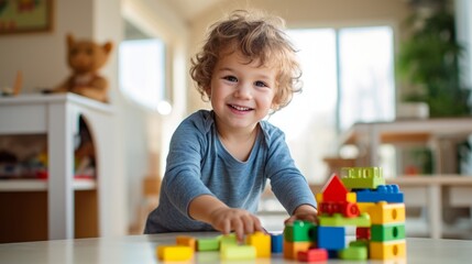 A young boy playing with building blocks in a preschool - obrazy, fototapety, plakaty